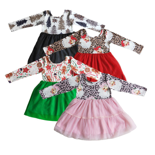 GLD0132  Kids Girls Christmas Santa Leopard Tulle Dress