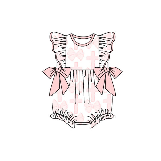 Preorder , 5 MOQ Baby Girls  Pink Cross Bow Bubble Romper Preorder