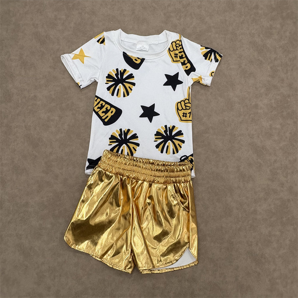 Kids Girls  Sport Team Cheer Top With  Leather Shorts Set