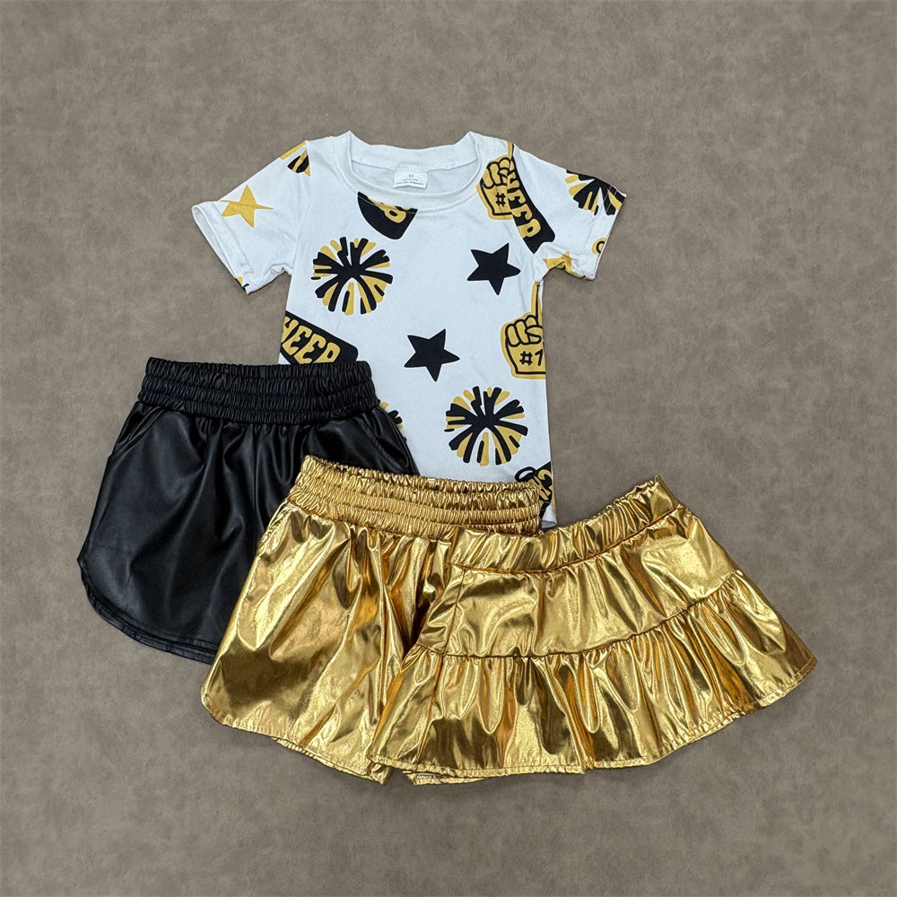 Kids Girls  Sport Team Cheer Top With  Leather Shorts Set
