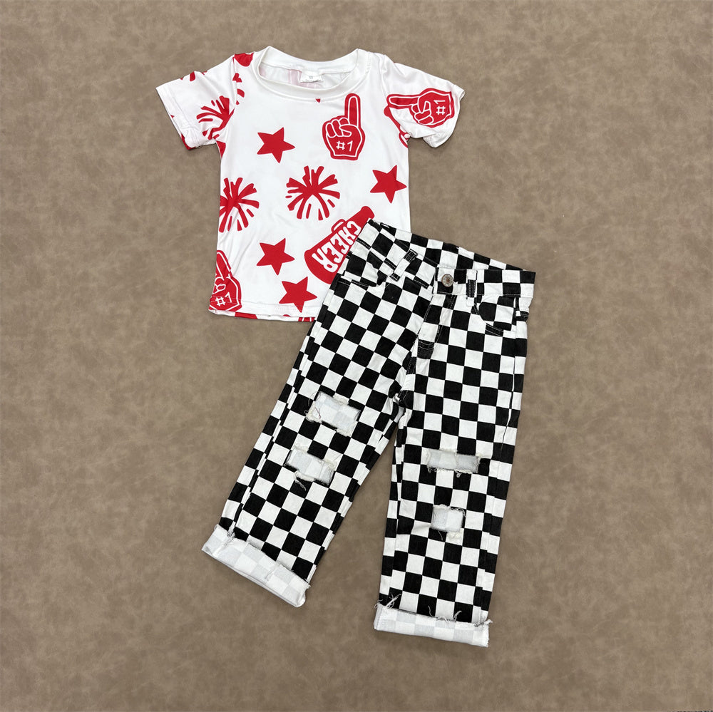 Kids Girls Red Sport Team Cheer Top With  Checked Jeans Outfit