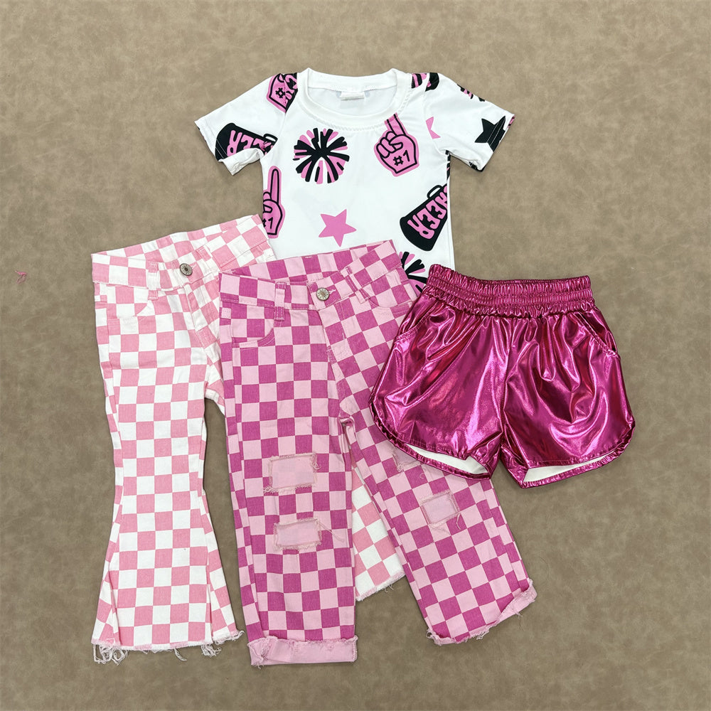 Kids Girls Pink Cheer Short Sleeve Top With Checked Jeans Set