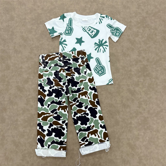 Kids Girls Green Sport Team Cheer Top With  Camo Jeans Outfit