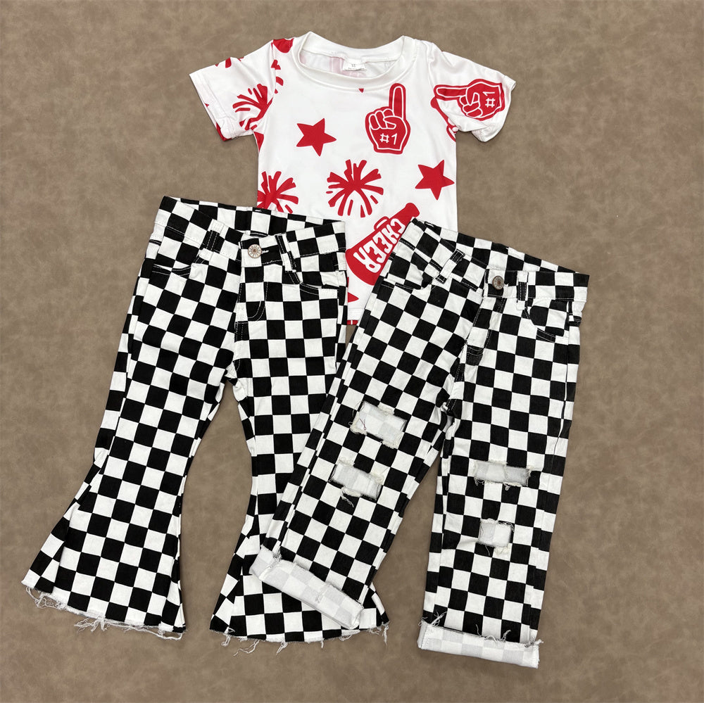 Kids Girls Red Sport Team Cheer Top With  Checked Jeans Outfit