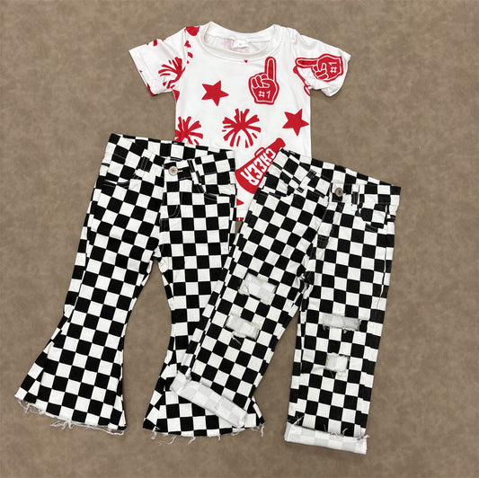 Kids Girls Red Sport Team Cheer Top With  Checked Jeans Outfit