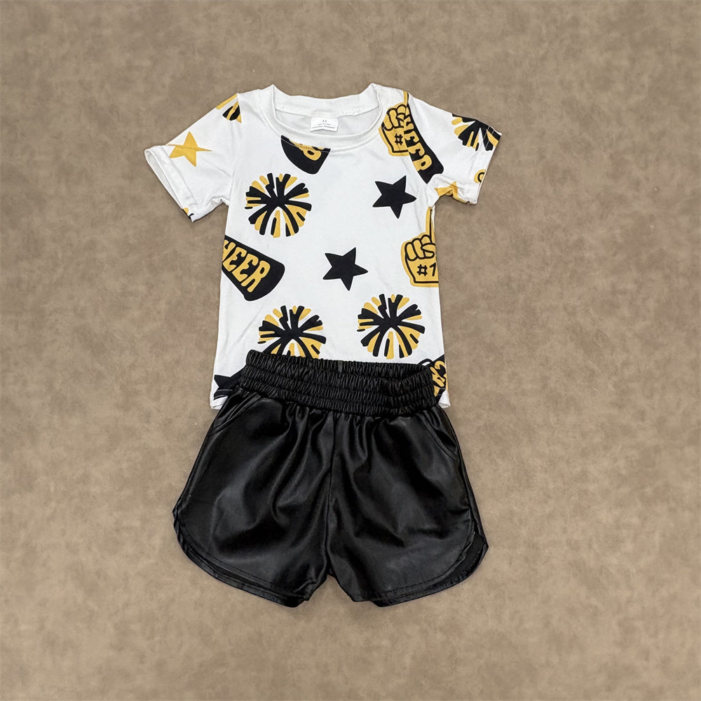 Kids Girls  Sport Team Cheer Top With  Leather Shorts Set