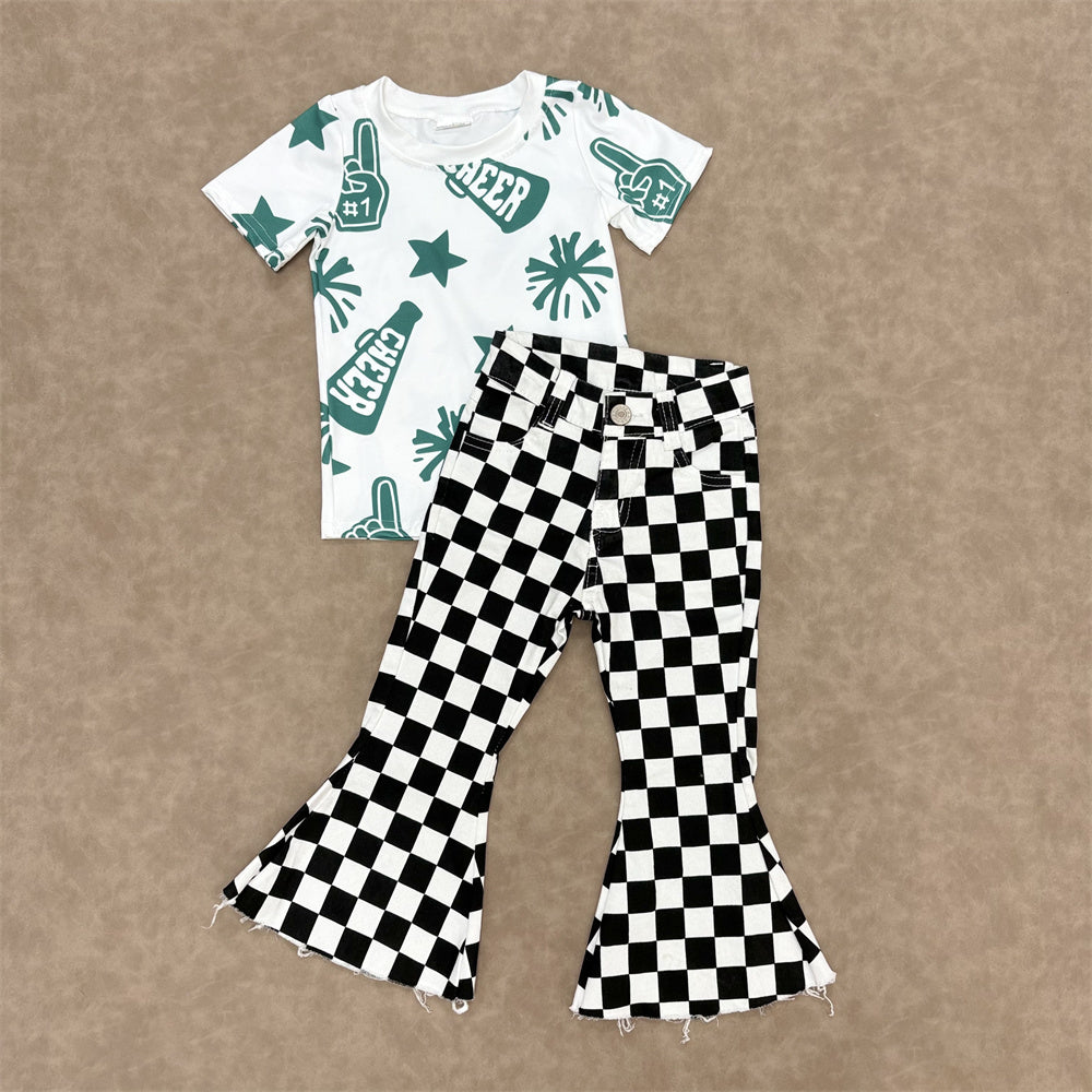 Kids Girls Green Cheer Short Sleeve Top With Checked Jeans Set