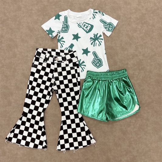 Kids Girls Green Sport Team Cheer Top With  Checked Jeans Outfit