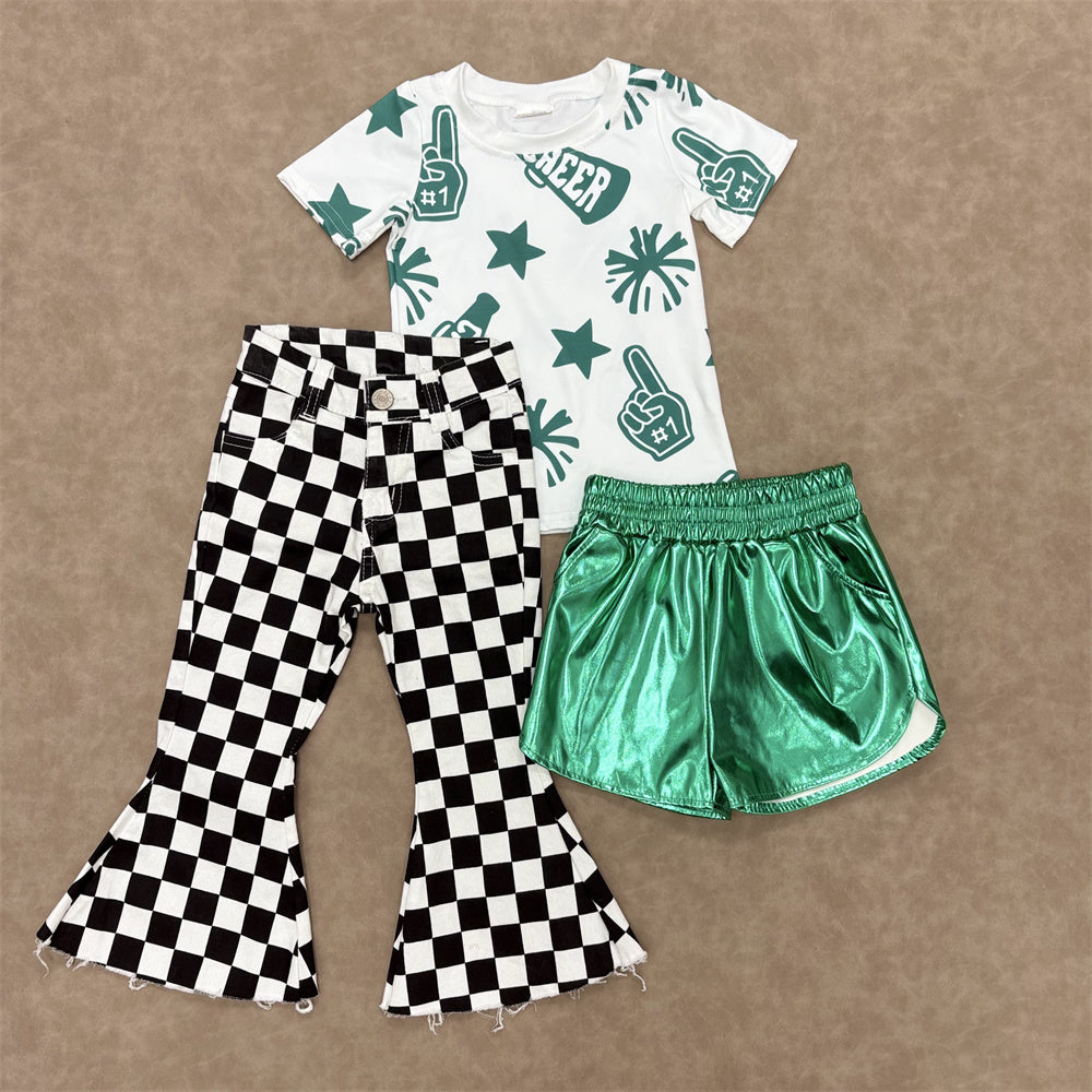 Kids Girls Green Cheer Short Sleeve Top With Checked Jeans Set