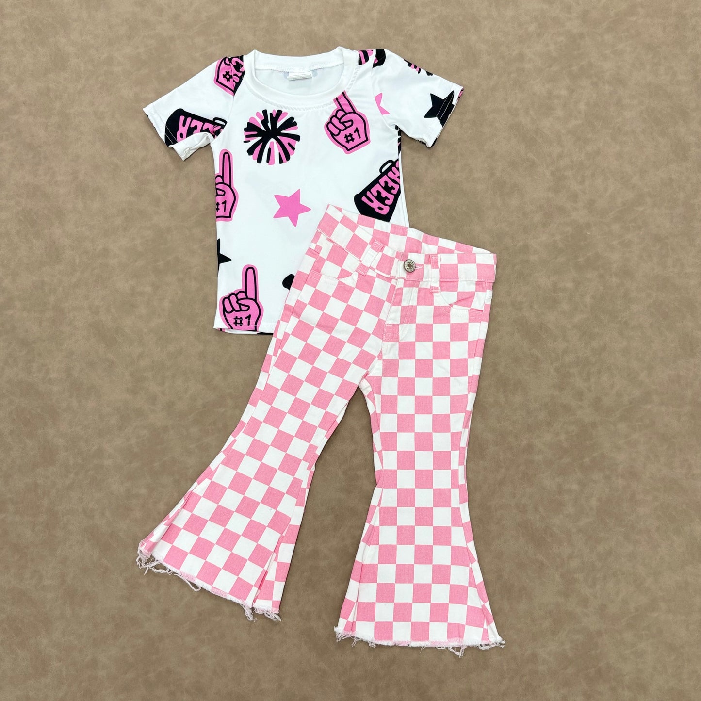 Kids Girls Pink Sport Team Cheer Top With  Checked Jeans Outfit