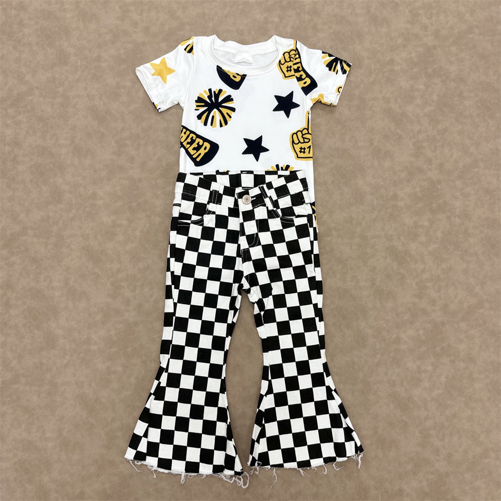 Kids Girls Golden Sport Team Cheer Top With  Checked Jeans Outfit