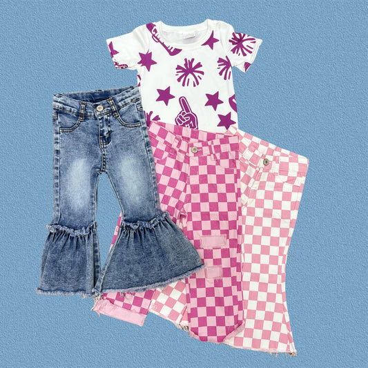 Kids Girls Purple Sport Team Cheer Top With  Checked Jeans Outfit
