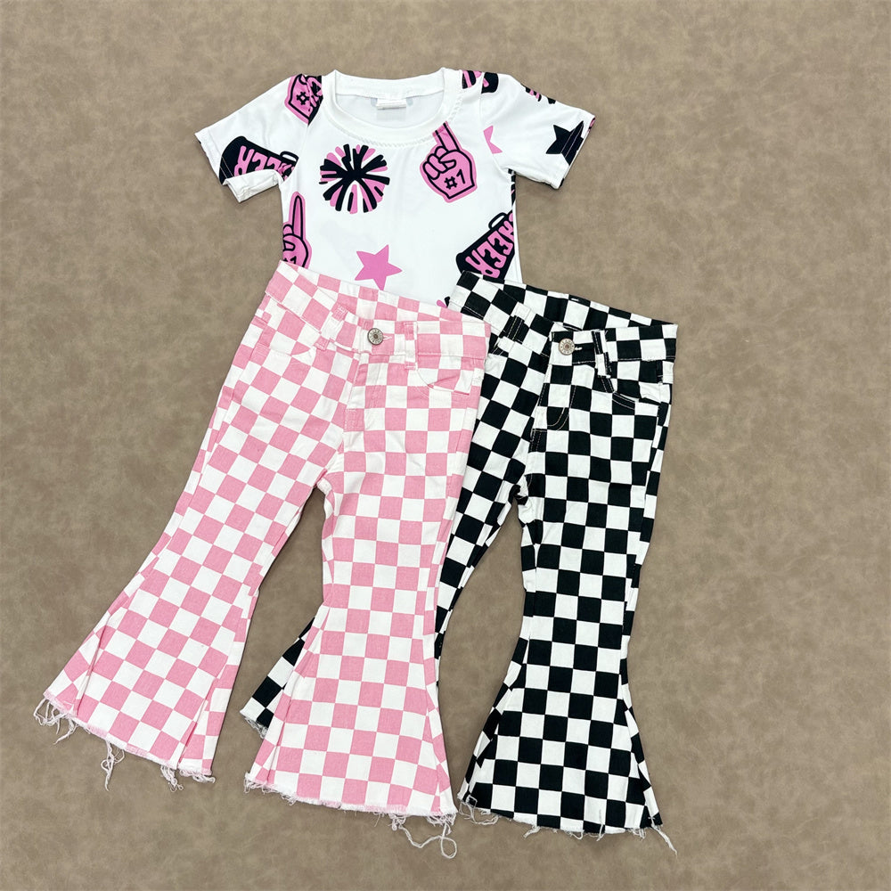 Kids Girls Pink Sport Team Cheer Top With  Checked Jeans Outfit