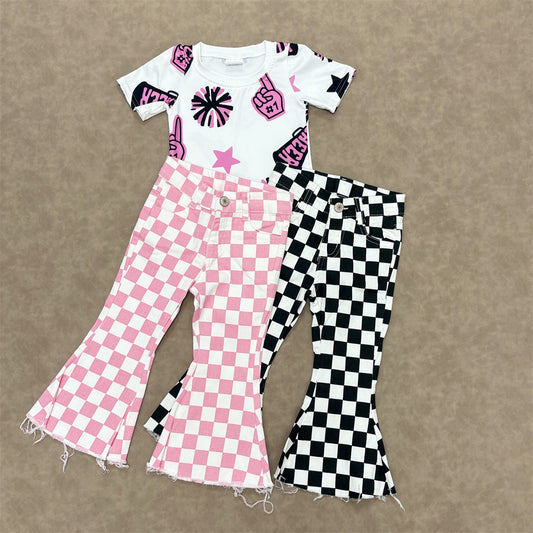 Kids Girls Pink Sport Team Cheer Top With  Checked Jeans Outfit
