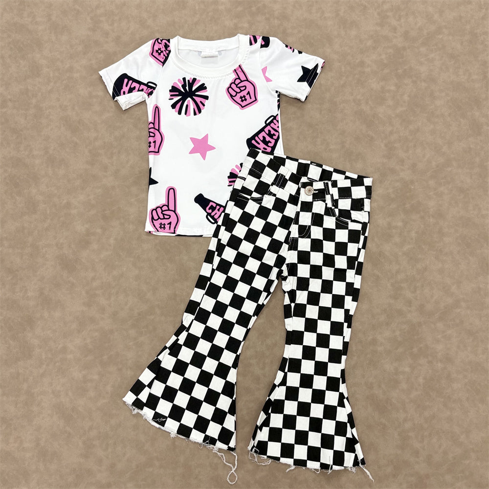 Kids Girls Pink Sport Team Cheer Top With  Checked Jeans Outfit