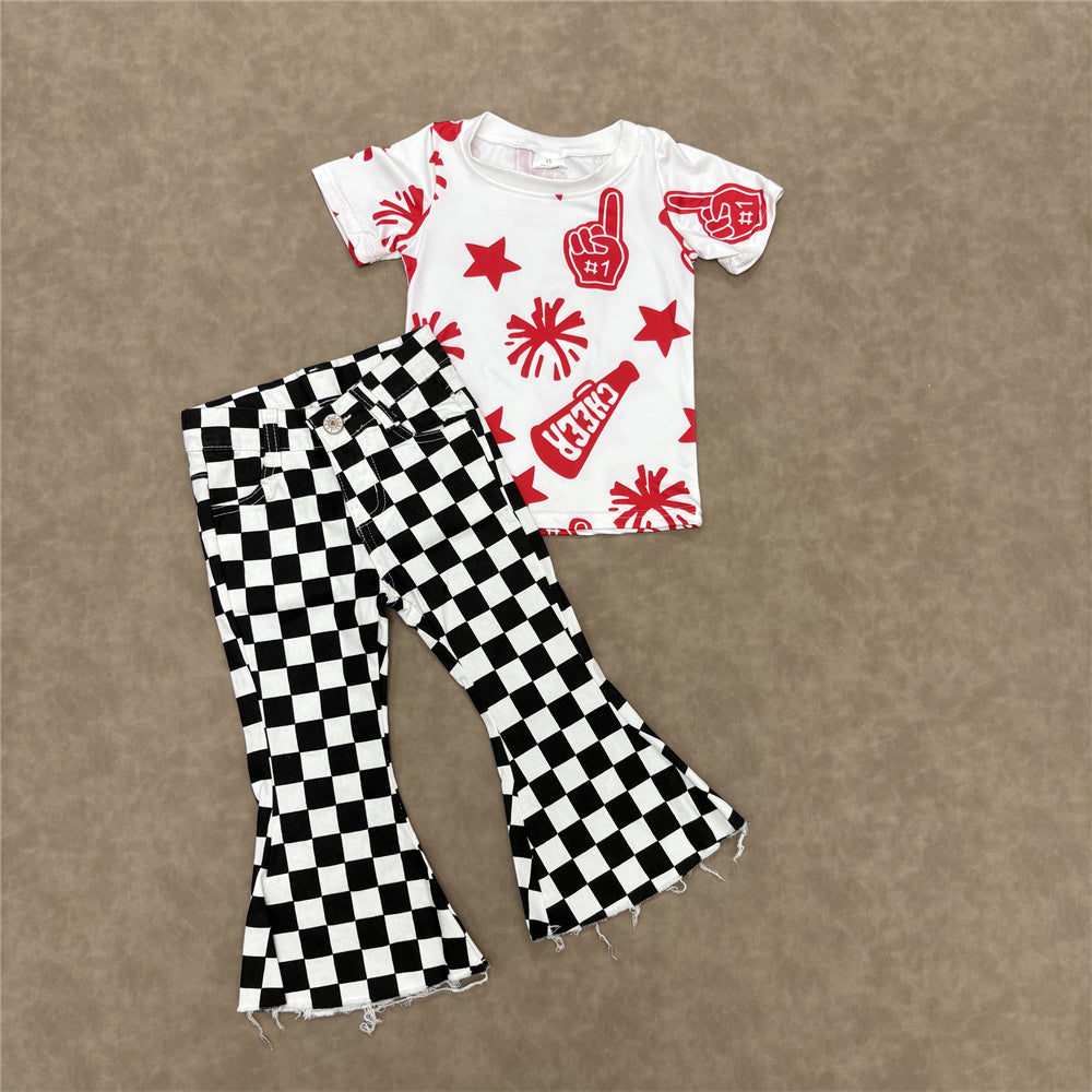 Kids Girls Red Sport Team Cheer Top With  Checked Jeans Outfit