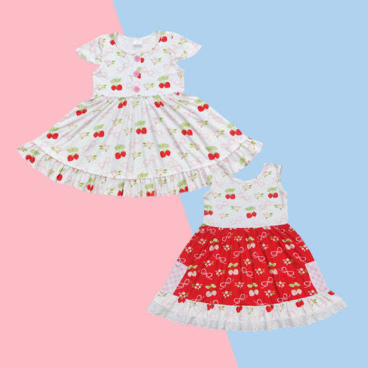 Kids Girls Sibling Summer Cherry Vintage Dress
