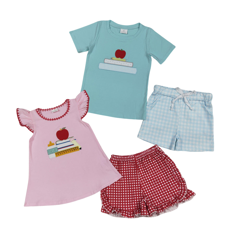 Baby Girls Pink Sleeveless Apple Pencil Top Plaid Ruffle Shorts Set