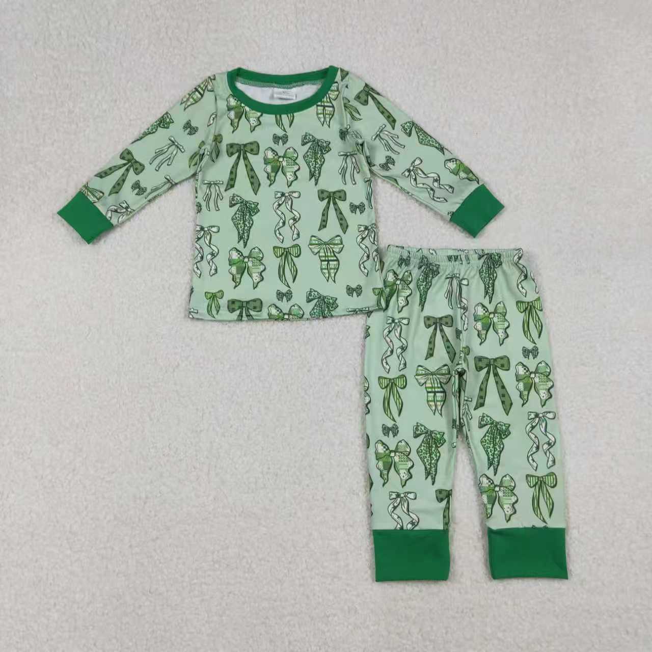 Sibling Baby Girls Green Bow Long Sleeve pajama Set and Romper