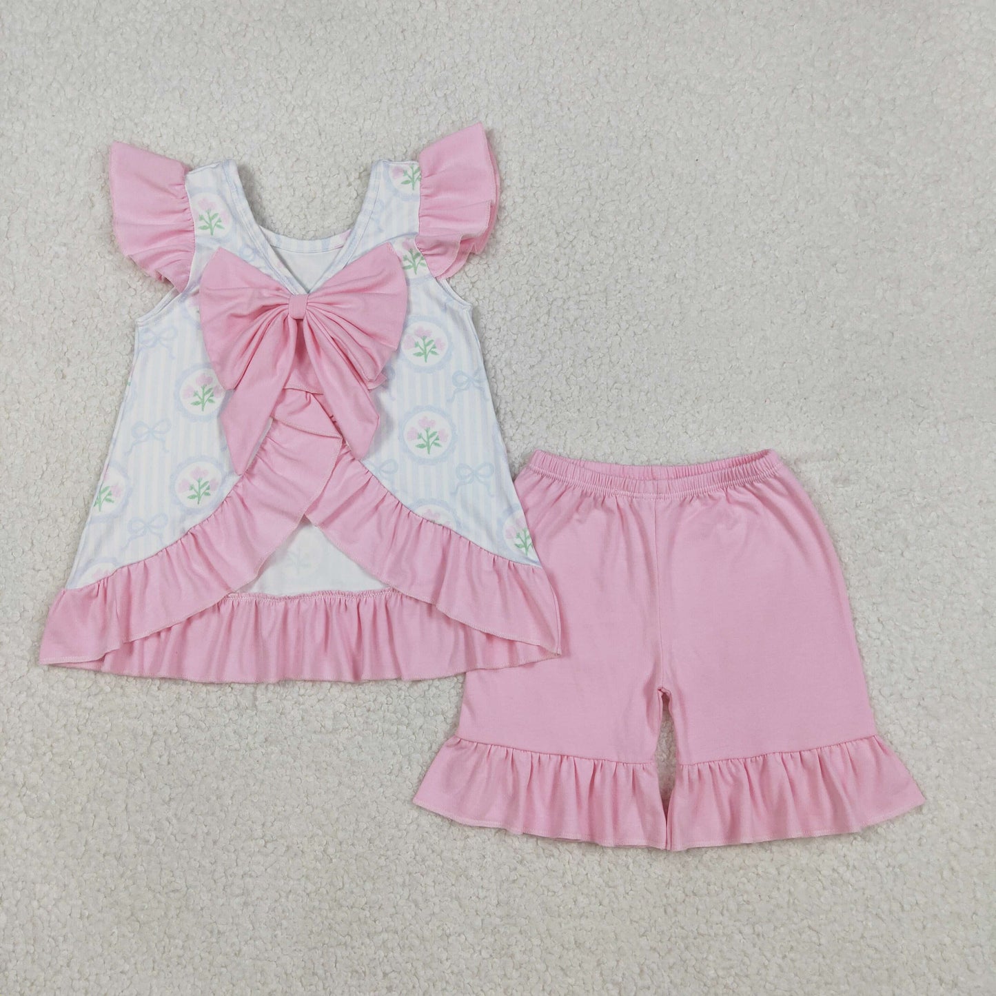 GSSO2732 Pink Flowers Blue Bow Top With Pink Shorts Set