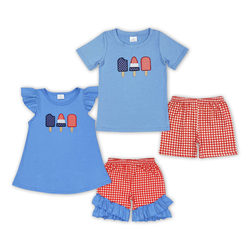 Sibling Baby Kids July 4th Embroidery Popsicle Top Red Plaid Shorts Sets