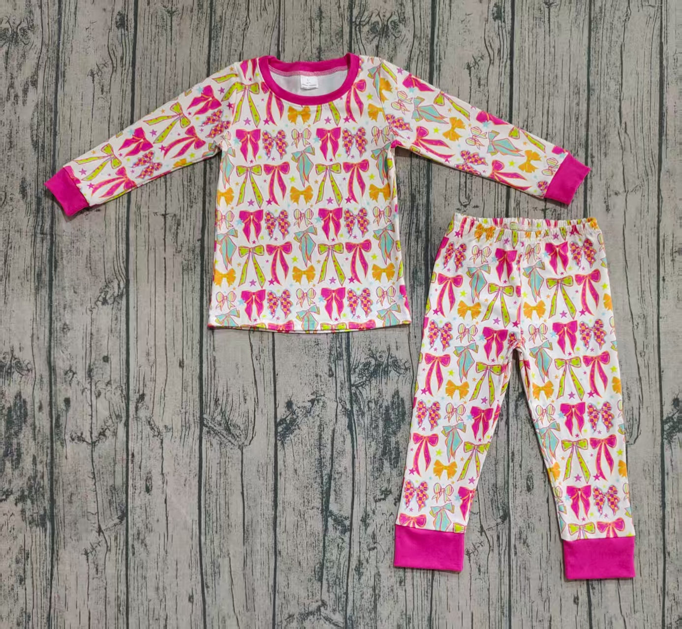 Prerder 20 moq Kids Girls Bamboo Bow Print Pajama Set