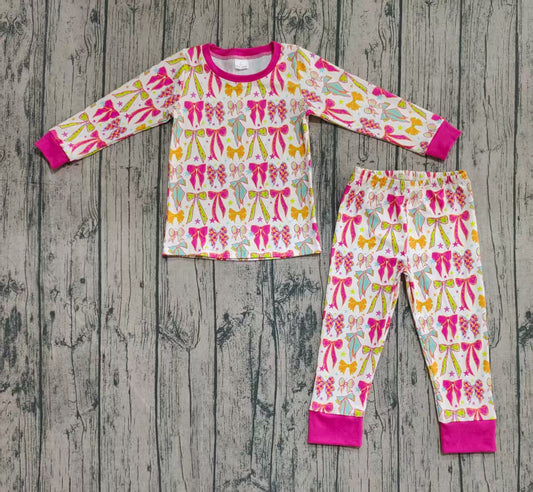 Prerder 20 moq Kids Girls Bamboo Bow Print Pajama Set