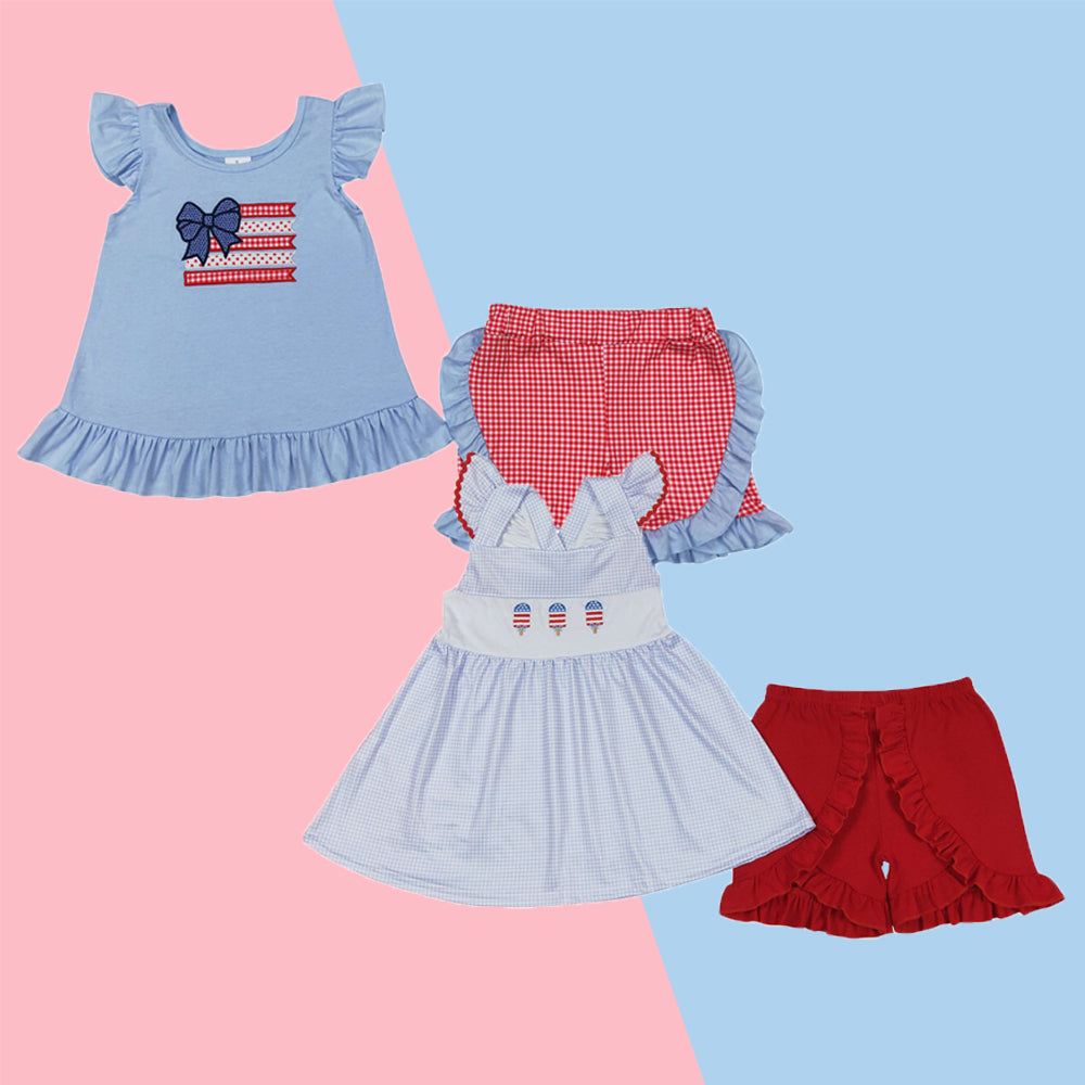 Sibling Toddler Girls 4th Of July Embroidery Falg Tunic Top Shorts Set