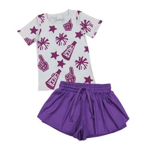 Kids Girls Summer Cheer Top Purple Yoga Shorts Set