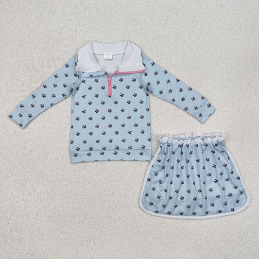Baby Girls Zipper Pullover Blue Floral Print Top Skirt With Shorts Set