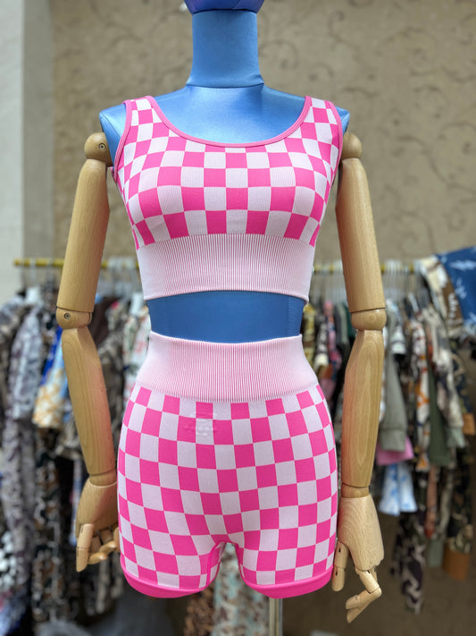 Adult Women Hot Pink Checked Active Sport Tank top With Shorts Set