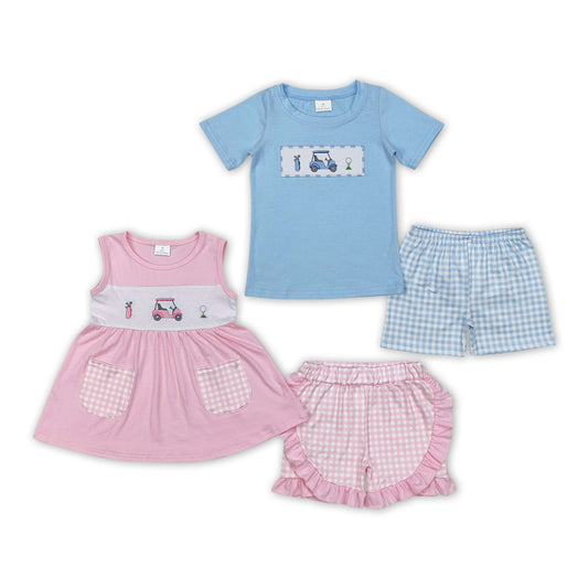 Baby Sibling Short Sleeves Golf Top Plaid Short Suit