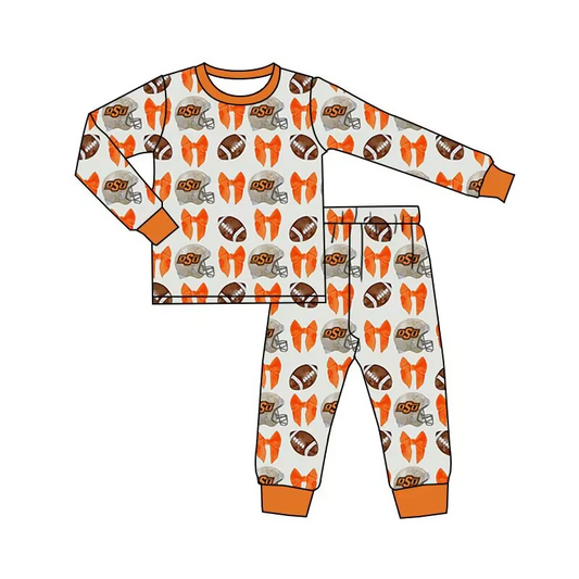 Preorder 5 MOQ Baby Girls Football Team Osu Bow Long Sleeve Pajama Set