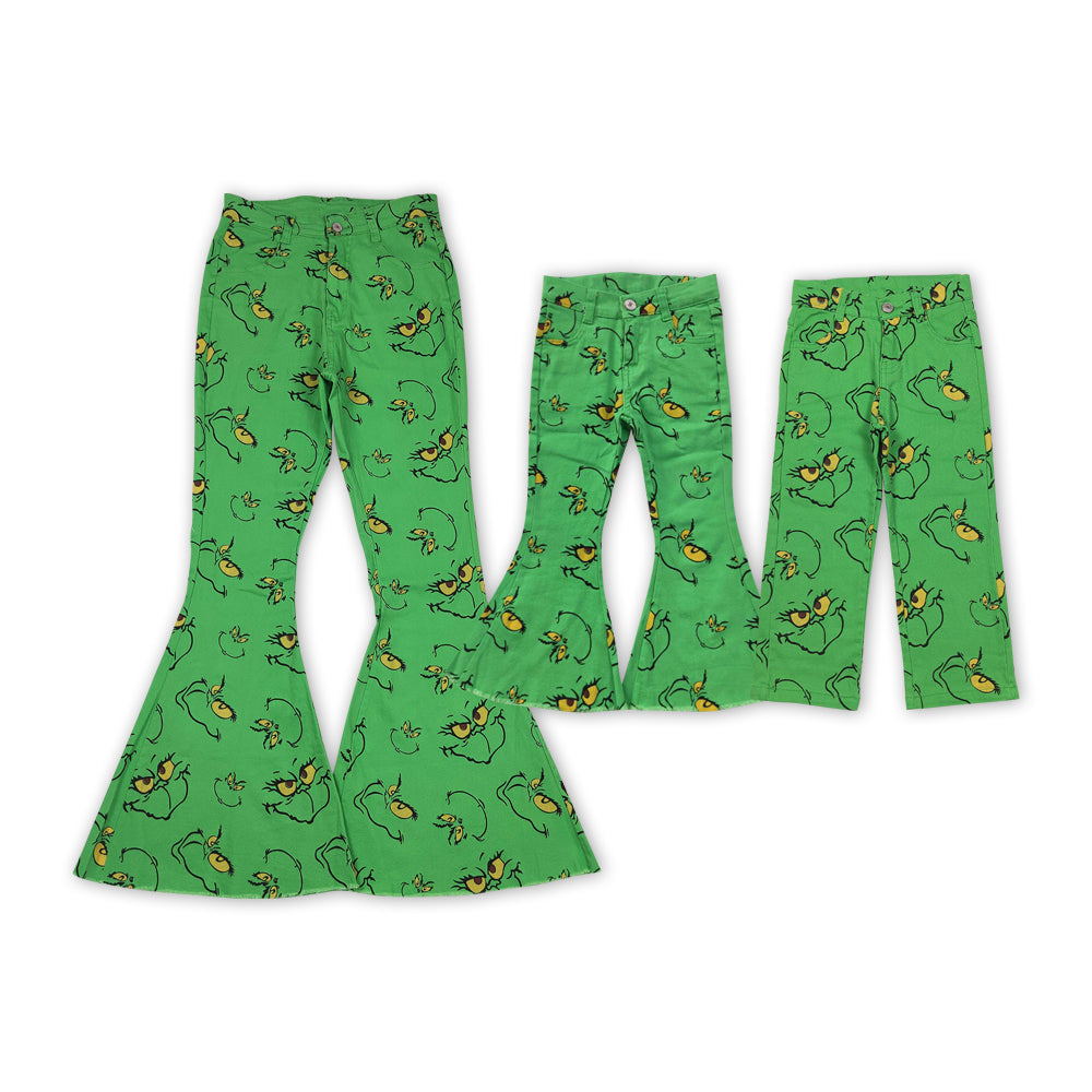 Mommy And Me Girls Boys Green Face Print Denim Pants