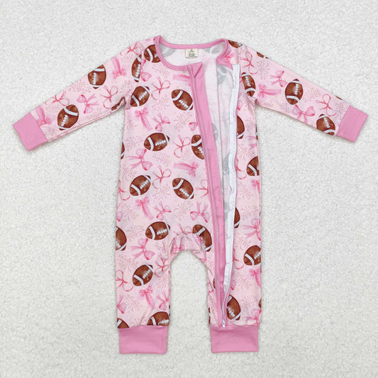 Newborn Baby Girls Pink Bow Football Zipper Bamboo Romper