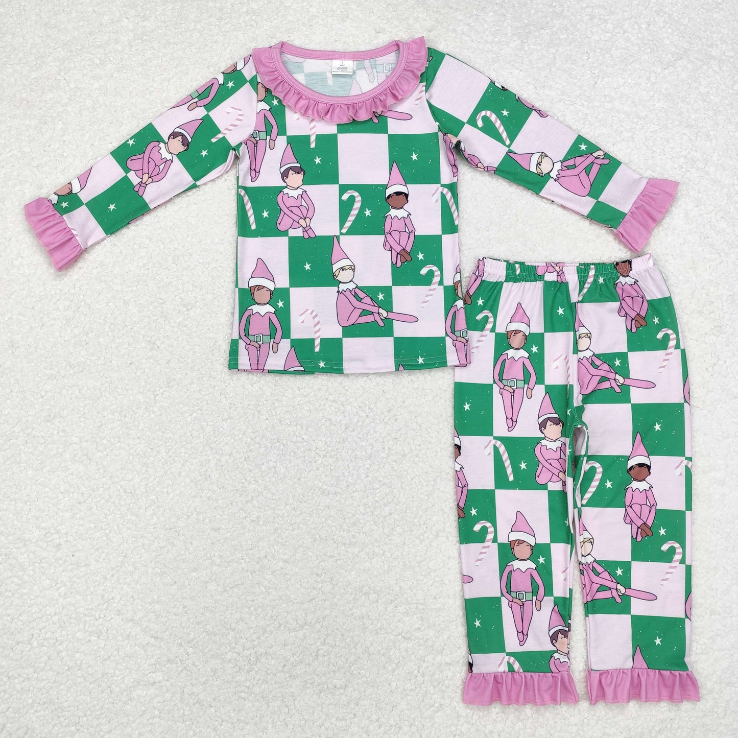 Baby Girls Chrismtas Cartoon Green Checker Bamboo Pajam Set