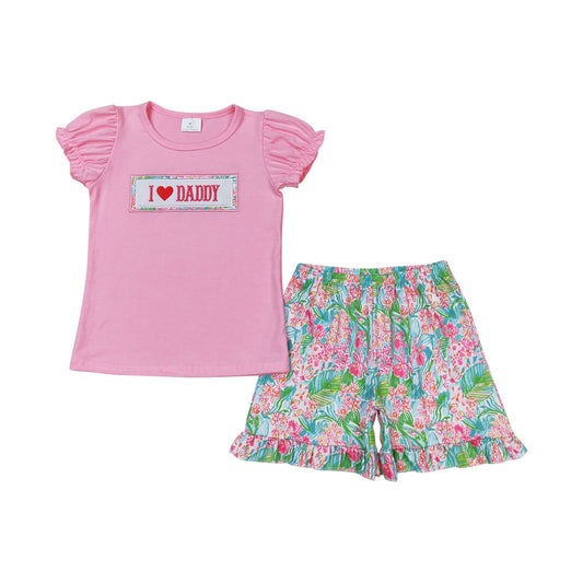 I Love Daddy Embroidery Summer Floral Shorts Outfit