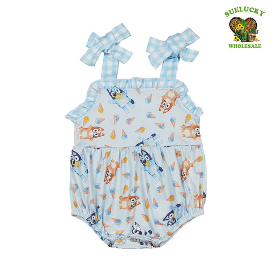 SR1113 Newborn Baby Girls Cartoon Blue Dog Romper