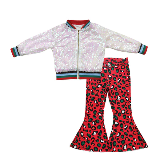 Kids Girls Sequin Coat Red Leopard Denim Bell Bottom Pants Outfit