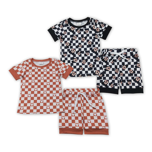 Summer Sinling Baby Cartoon Mouse Checked  Shorts Set