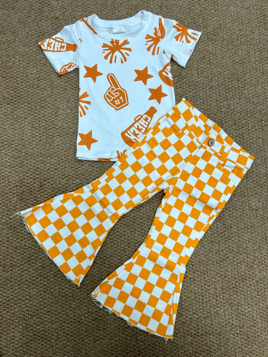 Baby Girls Orange Sport Cheer Top With  Checkec Jeans set