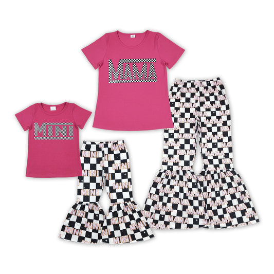 Sibling Mama And Me Hot Pink Short Sleeves Top Black Plaid Bell Bottom Set