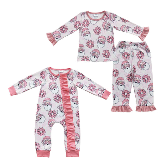 Baby Girls Sister Christmas Pink Santa Pajama and Zipper Romper