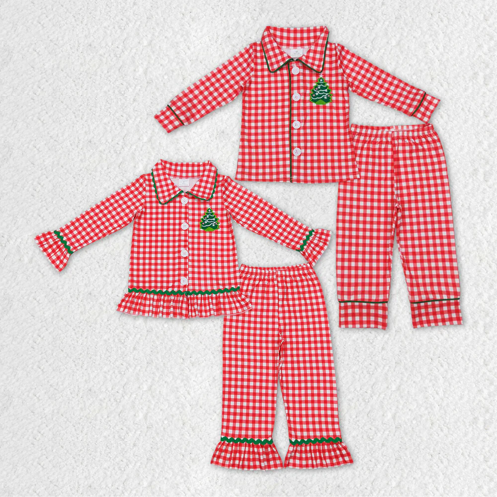 Sibling Boys Girls Christmas Tree Red Gingham Pajama Set