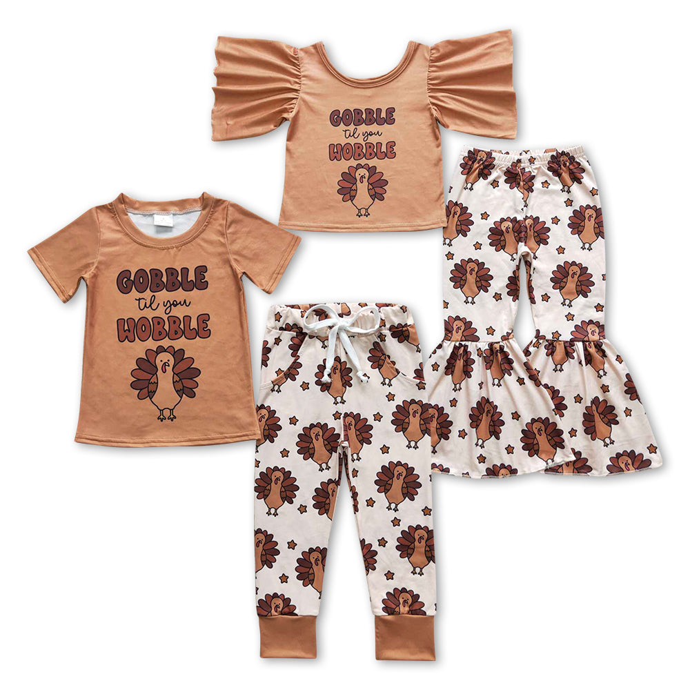 Gobble Wobble Babu Girls Boys Sibling Thanksgiving Pants Set