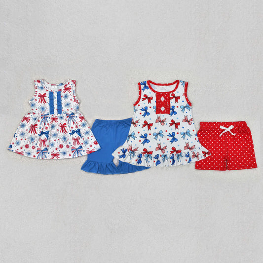Sibling Toddler Girls 4th Of July Bows Tunic Shorts Set