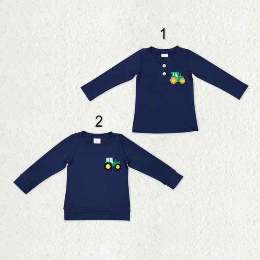 Sibling Baby Boys Farm Truck Appliaue In Navy Cotton Long Sleeve Pullover Top