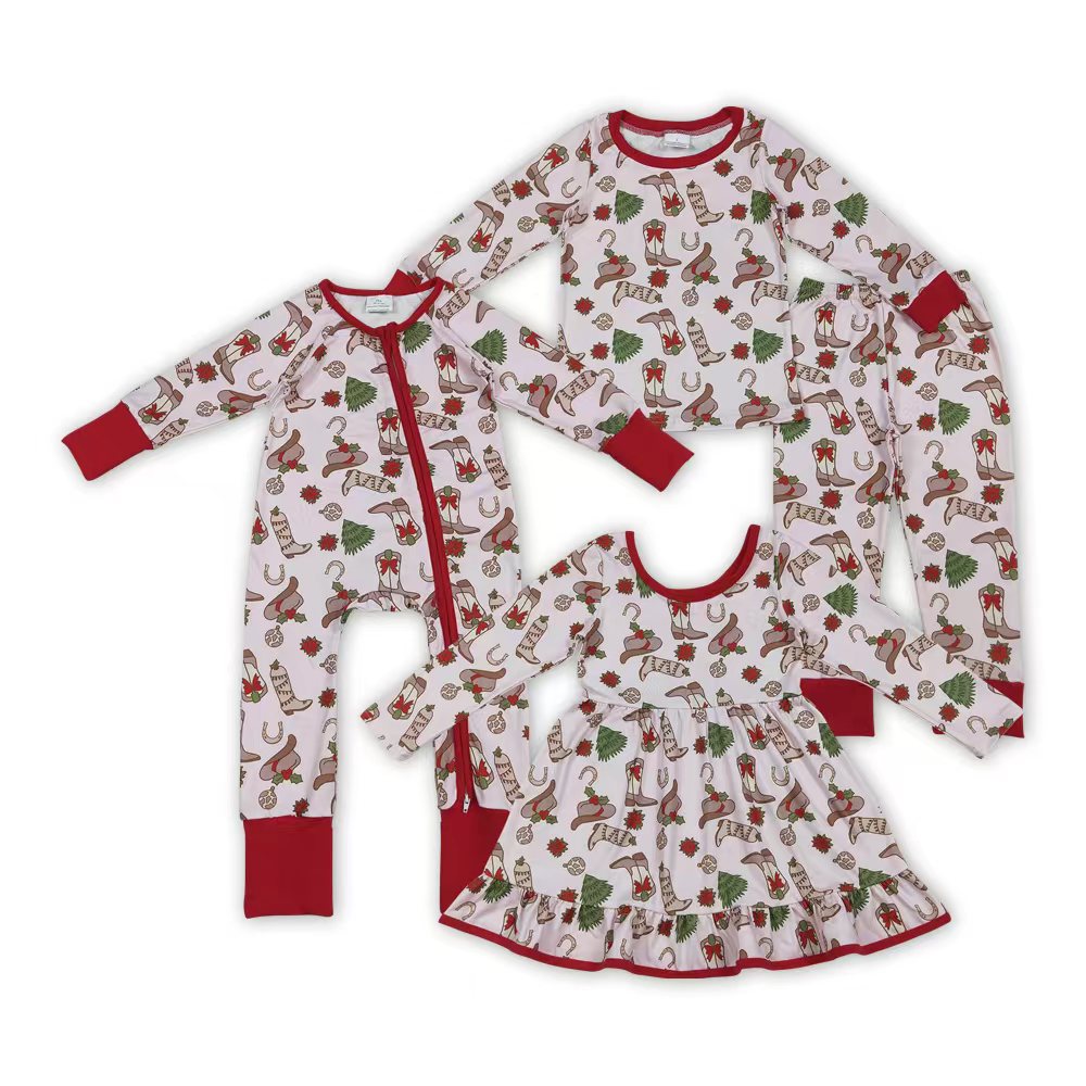 Kids Girls Sibling Christmas Western Boots Holly Dress/Pajama Set /Romper