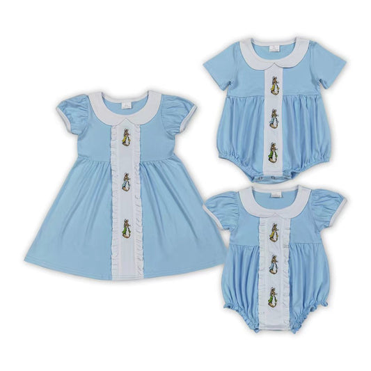 Sibling Baby Girls Embroidery Rabbits Blue Short Sleeve Dress/Romper