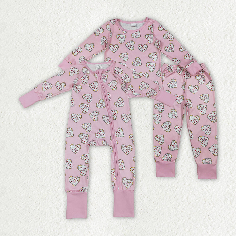 Sibling Baby Girls Valentine's Day Heart Doughnut Pajama  Outfit and Romper